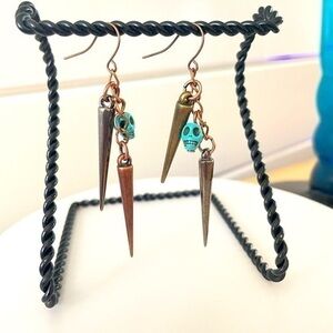 2/$29 Handmade Skull Spike Dangle Earrings Mixed Metal 2.75” Blue Magnesite